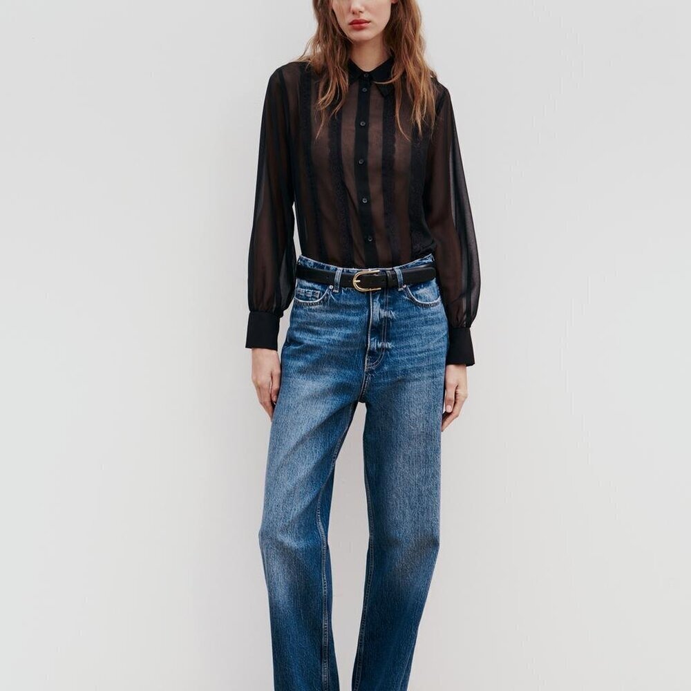 ZARA SEMI-TRANSPARENT SHIRT WITH LACE SIZE S 2298/076/800